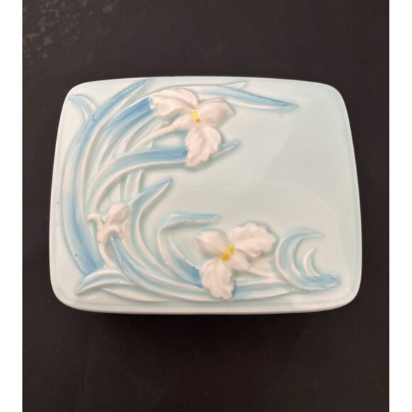 Vintage Light Blue & Pink Iris Flowers on Square Ceramic Trinket Jewelry Box Lid - Picture 8 of 9